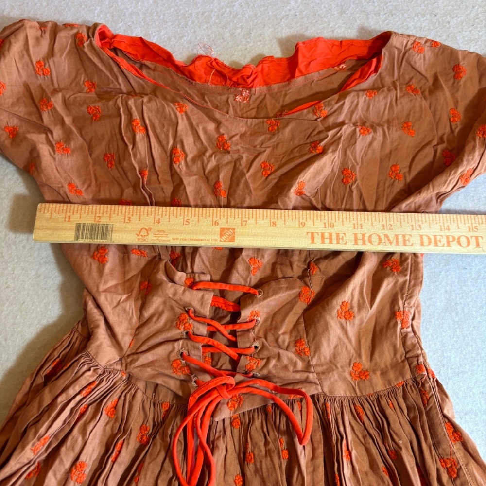 VTG Jonathan Logan Brown Orange Floral Embroidered Corset Tie Maxi Dress‎ XS 50s - Picture 6 of 11
